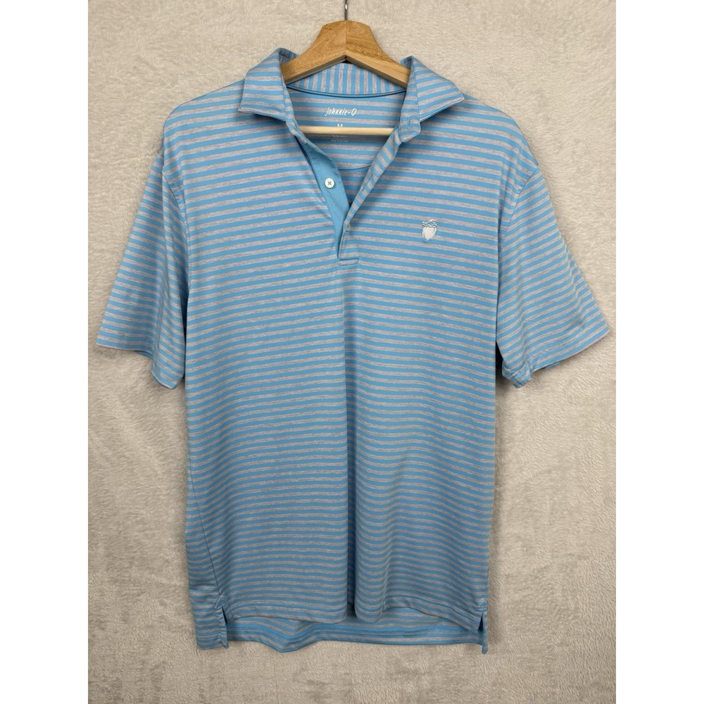 Johnnie-O Blue Striped Performance Polo Shirt Men's M Stretch Golf Acorn Logo